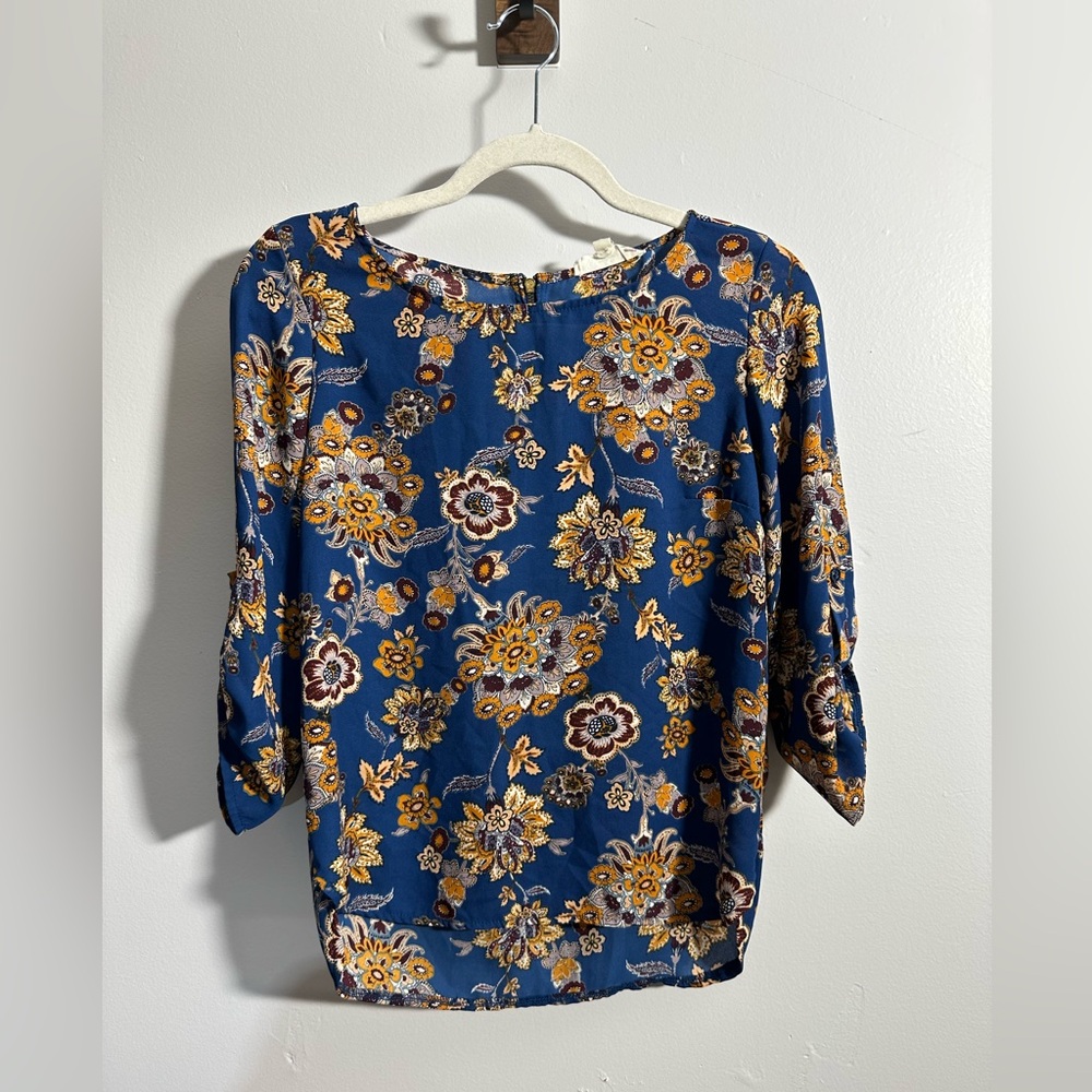 Pink Rose Women’s Floral Elbow Sleeve Blue Hi Low Hem Blouse | SKU 0899